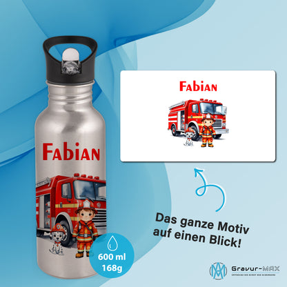 Trinkflasche mit Strohhalm in Silber 600ml bedruckt mit tollen Motiven für Kinder "Feuerwehr" personalisierbar für Kinder mit Wunschname aus Edelstahl