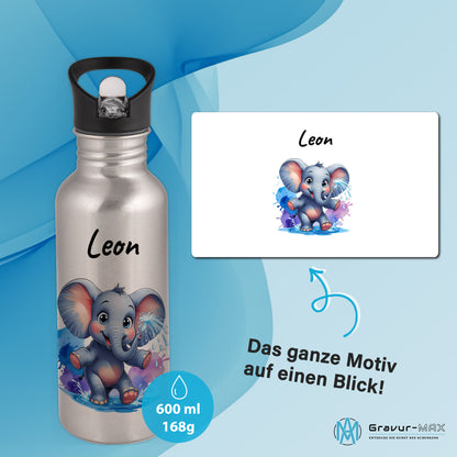 Trinkflasche mit Strohhalm in Silber 600ml bedruckt mit niedlichen Tieren"Elefant" personalisierbar für Kinder mit Wunschname aus Edelstahl