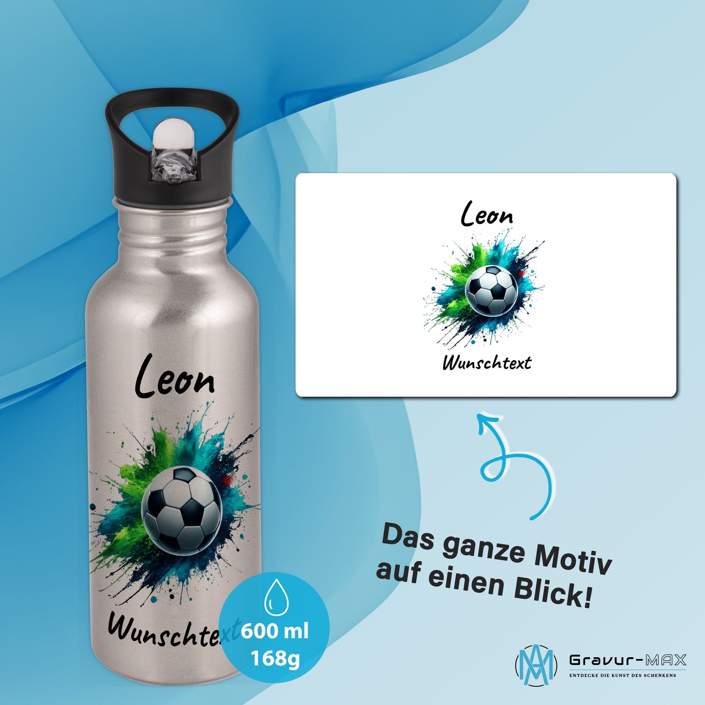 Trinkflasche mit Strohhalm in Silber 600ml bedruckt mit Fußball Motiven"Motiv8" personalisierbar für Kinder mit Wunschname aus Edelstahl