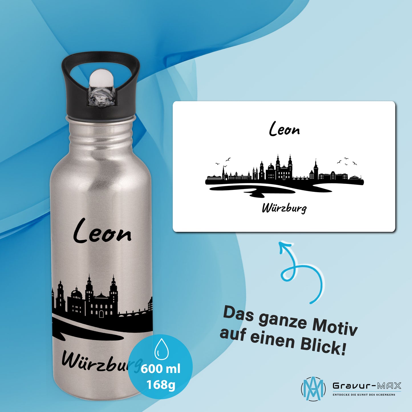 Trinkflasche in Silber 600ml aus Edelstahl bedruckt mit der Skyline von Würzburg personalisierbar mit Wunschname