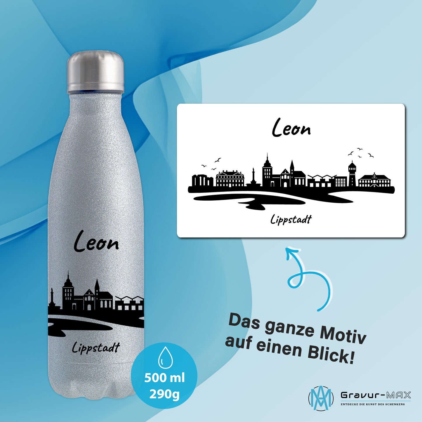 Glitzer Trinkflasche in Silber 500ml aus Edelstahl bedruckt mit der Skyline von Lippstadt personalisierbar mit Wunschname