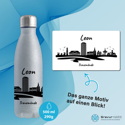 Glitzer Trinkflasche in Silber 500ml aus Edelstahl bedruckt mit der Skyline von Travemünde personalisierbar mit Wunschname