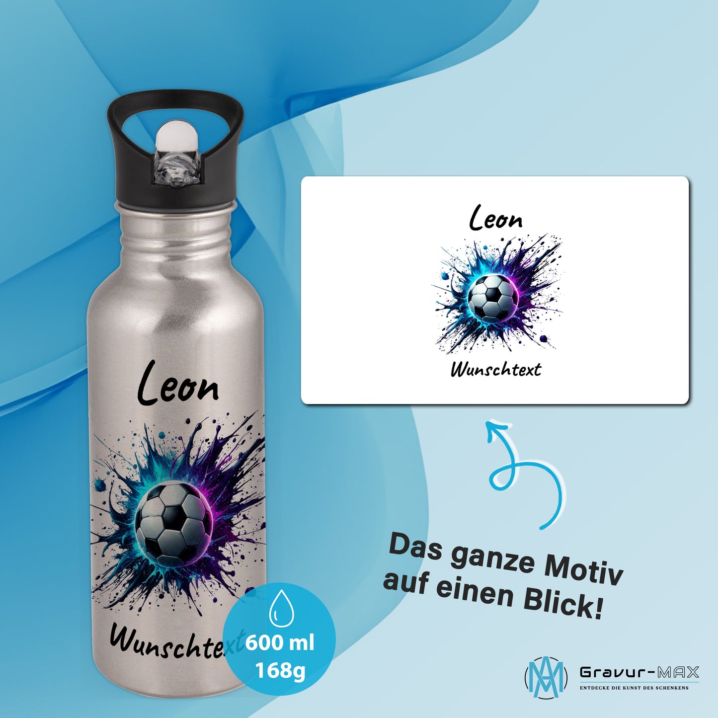 Trinkflasche mit Strohhalm in Silber 600ml bedruckt mit Fußball Motiven"Motiv10" personalisierbar für Kinder mit Wunschname aus Edelstahl