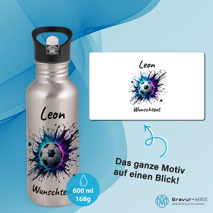 Trinkflasche mit Strohhalm in Silber 600ml bedruckt mit Fußball Motiven"Motiv10" personalisierbar für Kinder mit Wunschname aus Edelstahl