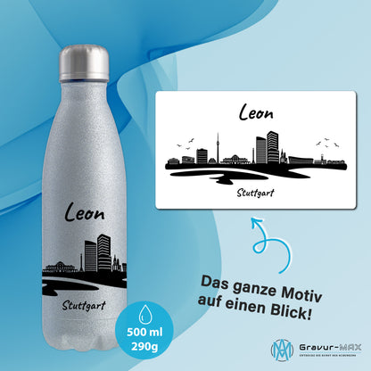 Glitzer Trinkflasche in Silber 500ml aus Edelstahl bedruckt mit der Skyline von Stuttgart personalisierbar mit Wunschname