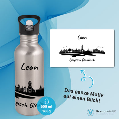 Trinkflasche in Silber 600ml aus Edelstahl bedruckt mit der Skyline von Bergisch Gladbach personalisierbar mit Wunschname