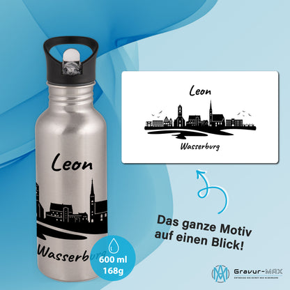 Trinkflasche in Silber 600ml aus Edelstahl bedruckt mit der Skyline von Wasserburg personalisierbar mit Wunschname