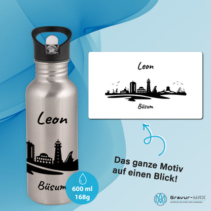 Trinkflasche in Silber 600ml aus Edelstahl bedruckt mit der Skyline von Büsum personalisierbar mit Wunschname