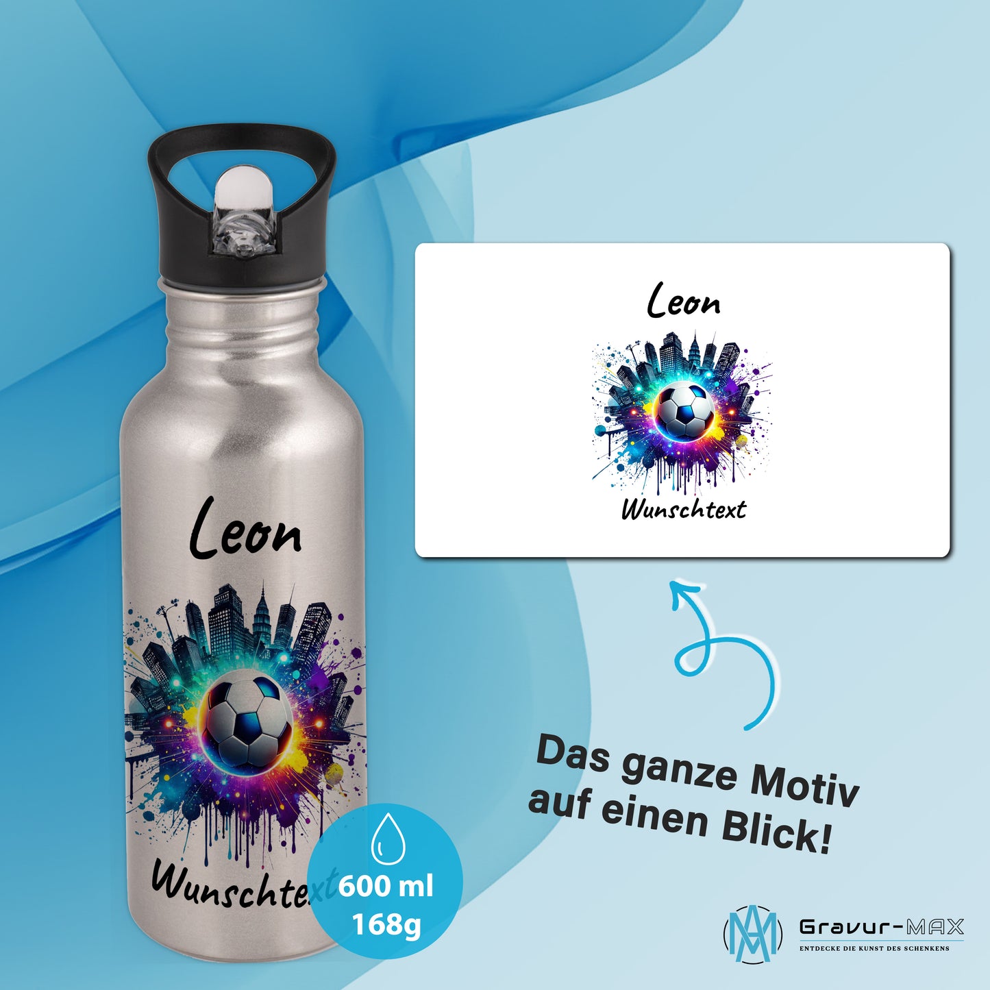 Trinkflasche mit Strohhalm in Silber 600ml bedruckt mit Fußball Motiven"Motiv7" personalisierbar für Kinder mit Wunschname aus Edelstahl