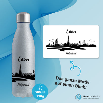 Glitzer Trinkflasche in Silber 500ml aus Edelstahl bedruckt mit der Skyline von Helgoland personalisierbar mit Wunschname