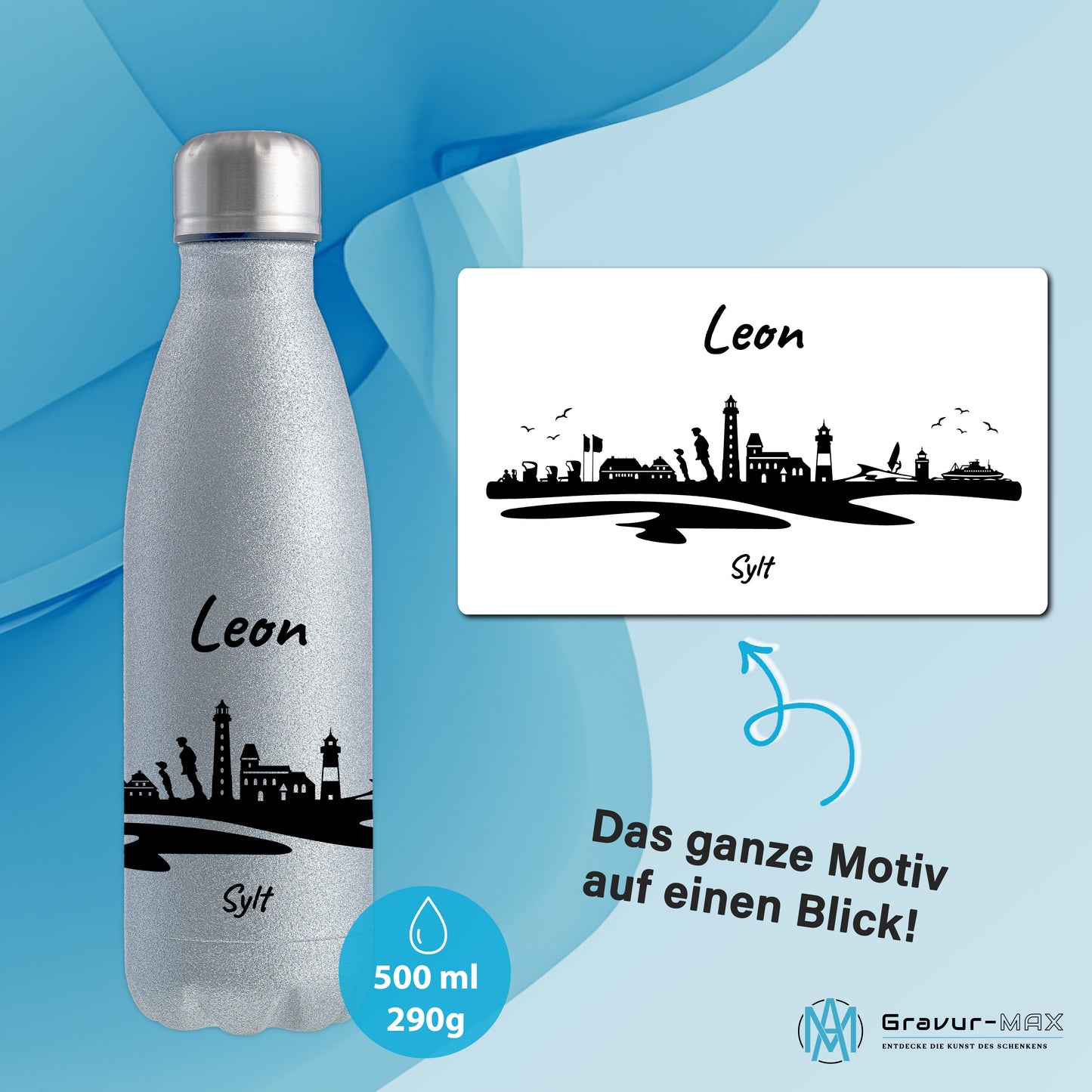 Glitzer Trinkflasche in Silber 500ml aus Edelstahl bedruckt mit der Skyline von Sylt personalisierbar mit Wunschname