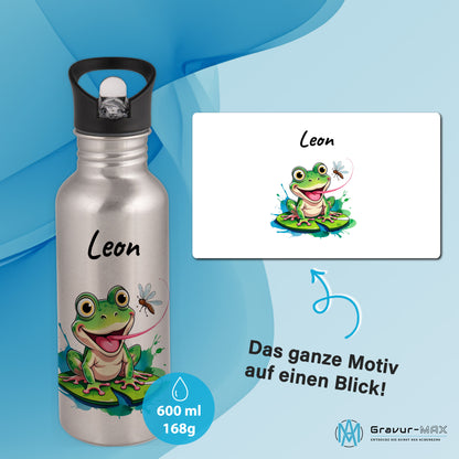 Trinkflasche mit Strohhalm in Silber 600ml bedruckt mit niedlichen Tieren"Frosch" personalisierbar für Kinder mit Wunschname aus Edelstahl