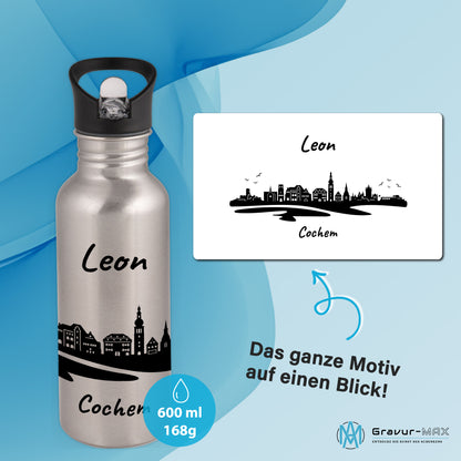 Trinkflasche in Silber 600ml aus Edelstahl bedruckt mit der Skyline von Cochem personalisierbar mit Wunschname