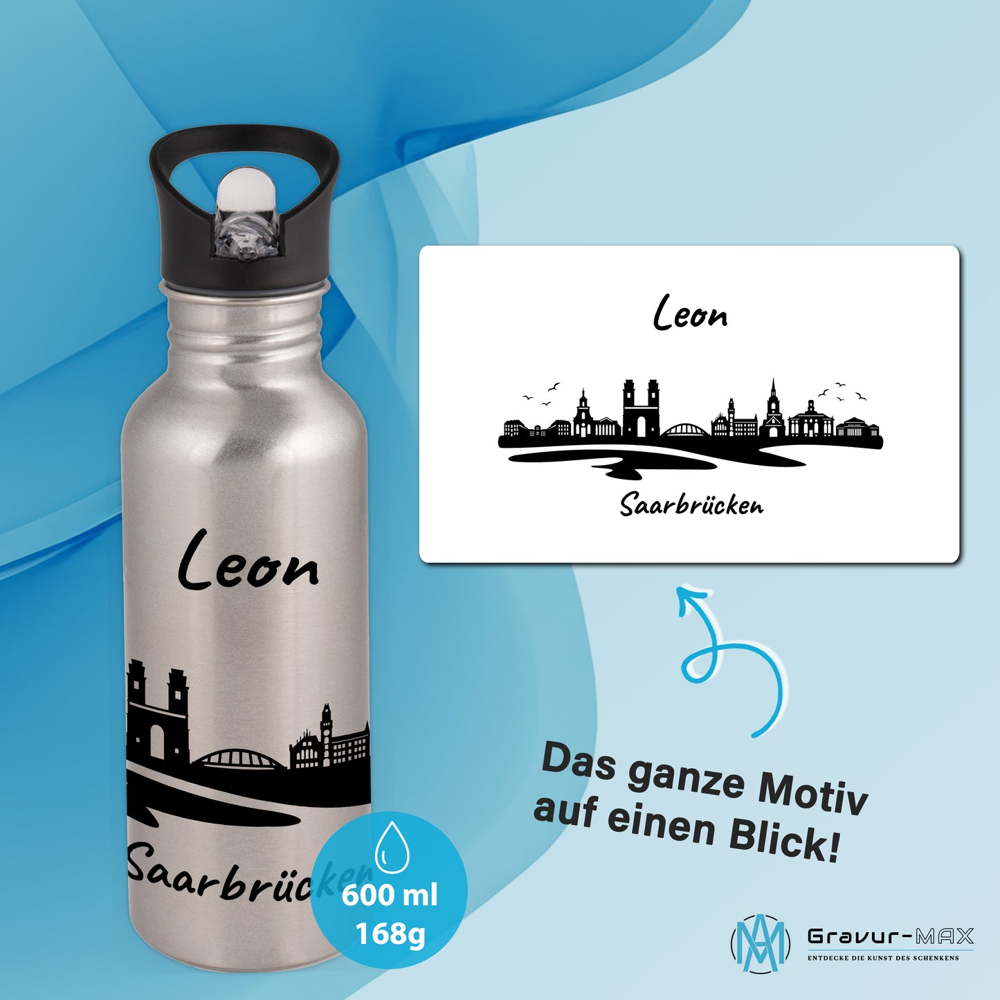 Trinkflasche in Silber 600ml aus Edelstahl bedruckt mit der Skyline von Saarbrücken personalisierbar mit Wunschname