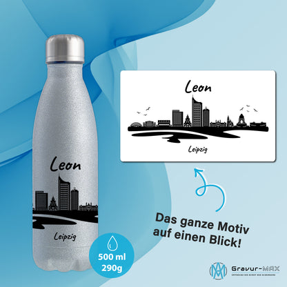 Glitzer Trinkflasche in Silber 500ml aus Edelstahl bedruckt mit der Skyline von Leipzig personalisierbar mit Wunschname