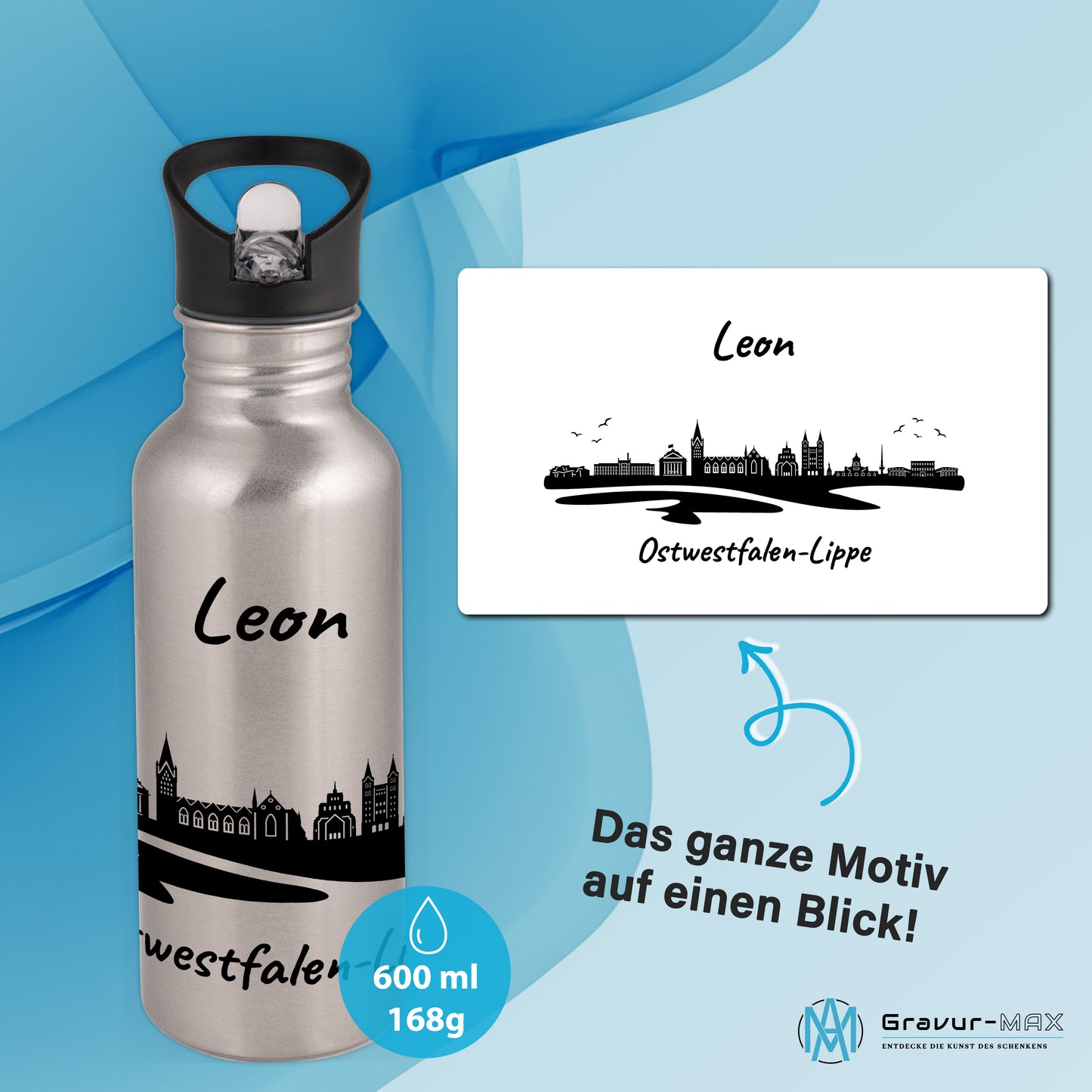 Trinkflasche in Silber 600ml aus Edelstahl bedruckt mit der Skyline von Ostwestfalen-Lippe personalisierbar mit Wunschname