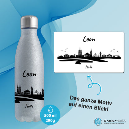 Glitzer Trinkflasche in Silber 500ml aus Edelstahl bedruckt mit der Skyline von Halle personalisierbar mit Wunschname
