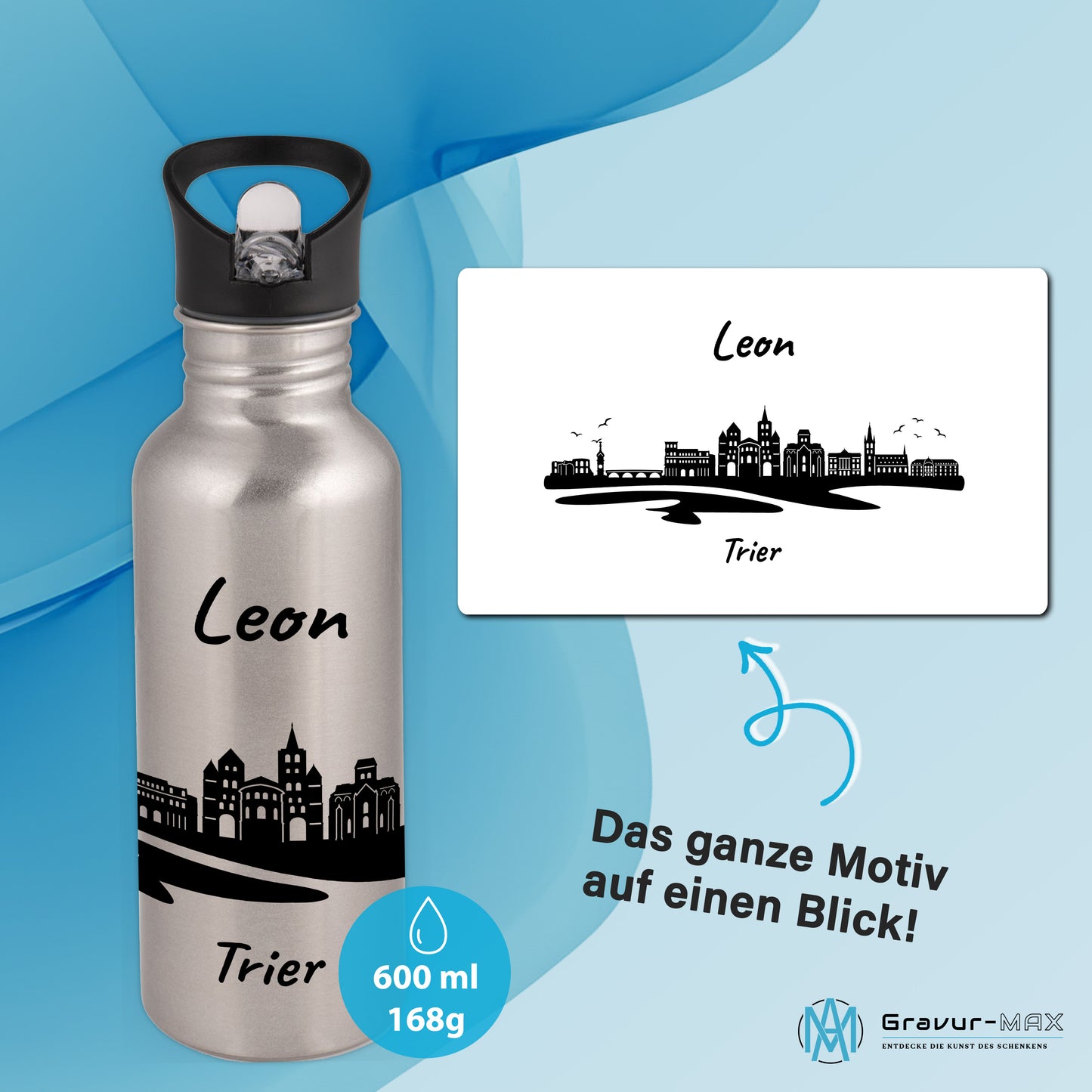 Trinkflasche in Silber 600ml aus Edelstahl bedruckt mit der Skyline von Trier personalisierbar mit Wunschname