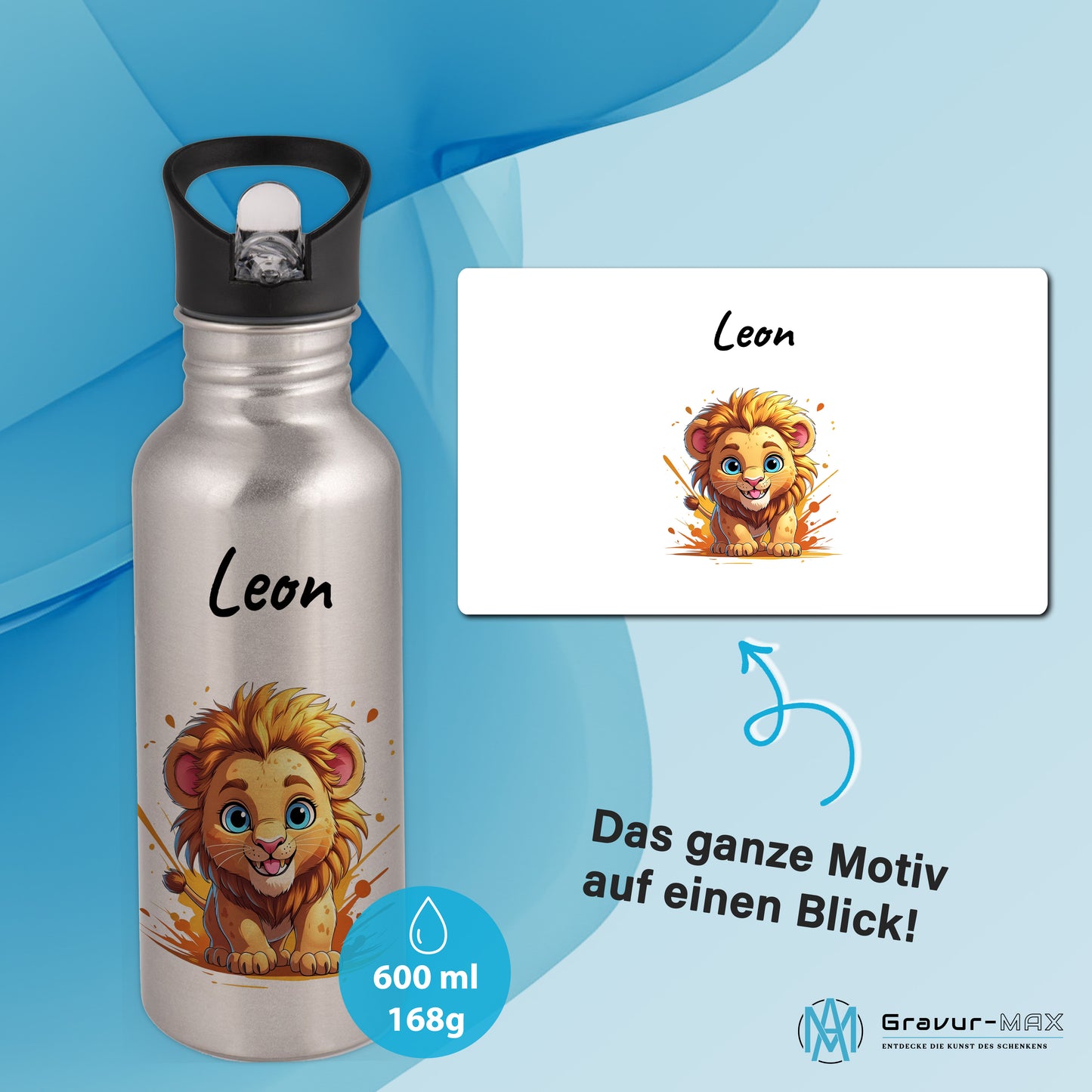Trinkflasche mit Strohhalm in Silber 600ml bedruckt mit niedlichen Tieren"Löwe" personalisierbar für Kinder mit Wunschname aus Edelstahl