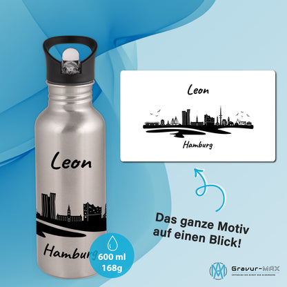 Trinkflasche in Silber 600ml aus Edelstahl bedruckt mit der Skyline von Hamburg personalisierbar mit Wunschname