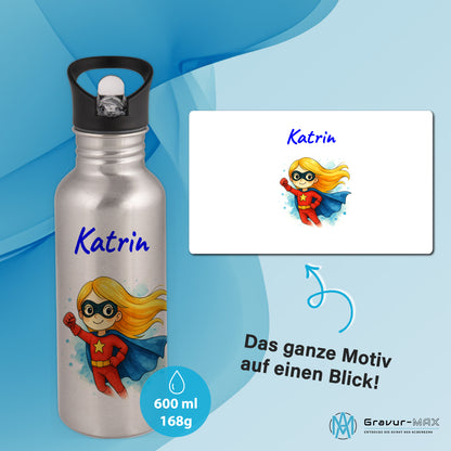 Trinkflasche mit Strohhalm in Silber 600ml bedruckt mit tollen Motiven für Kinder "Superheldin" personalisierbar für Kinder mit Wunschname aus Edelstahl