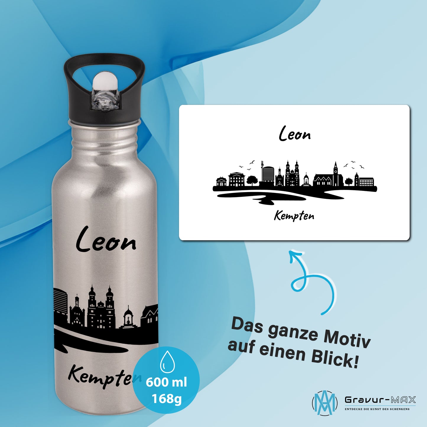 Trinkflasche in Silber 600ml aus Edelstahl bedruckt mit der Skyline von Kempten personalisierbar mit Wunschname