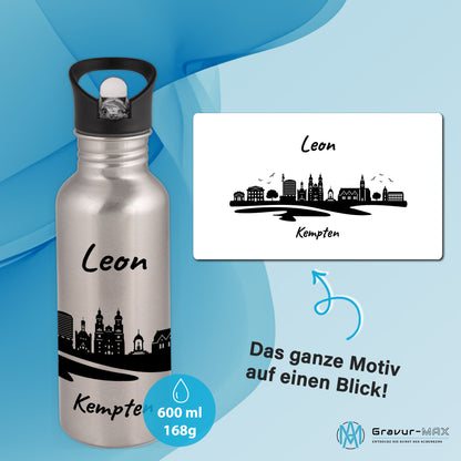 Trinkflasche in Silber 600ml aus Edelstahl bedruckt mit der Skyline von Kempten personalisierbar mit Wunschname