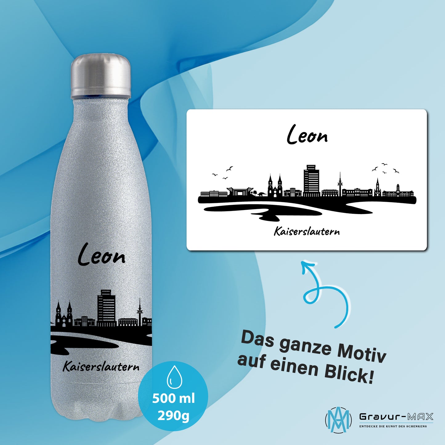 Glitzer Trinkflasche in Silber 500ml aus Edelstahl bedruckt mit der Skyline von Kaiserslautern personalisierbar mit Wunschname
