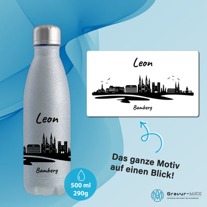 Glitzer Trinkflasche in Silber 500ml aus Edelstahl bedruckt mit der Skyline von Bamberg personalisierbar mit Wunschname