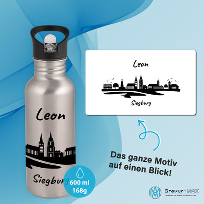 Trinkflasche in Silber 600ml aus Edelstahl bedruckt mit der Skyline von Siegburg personalisierbar mit Wunschname