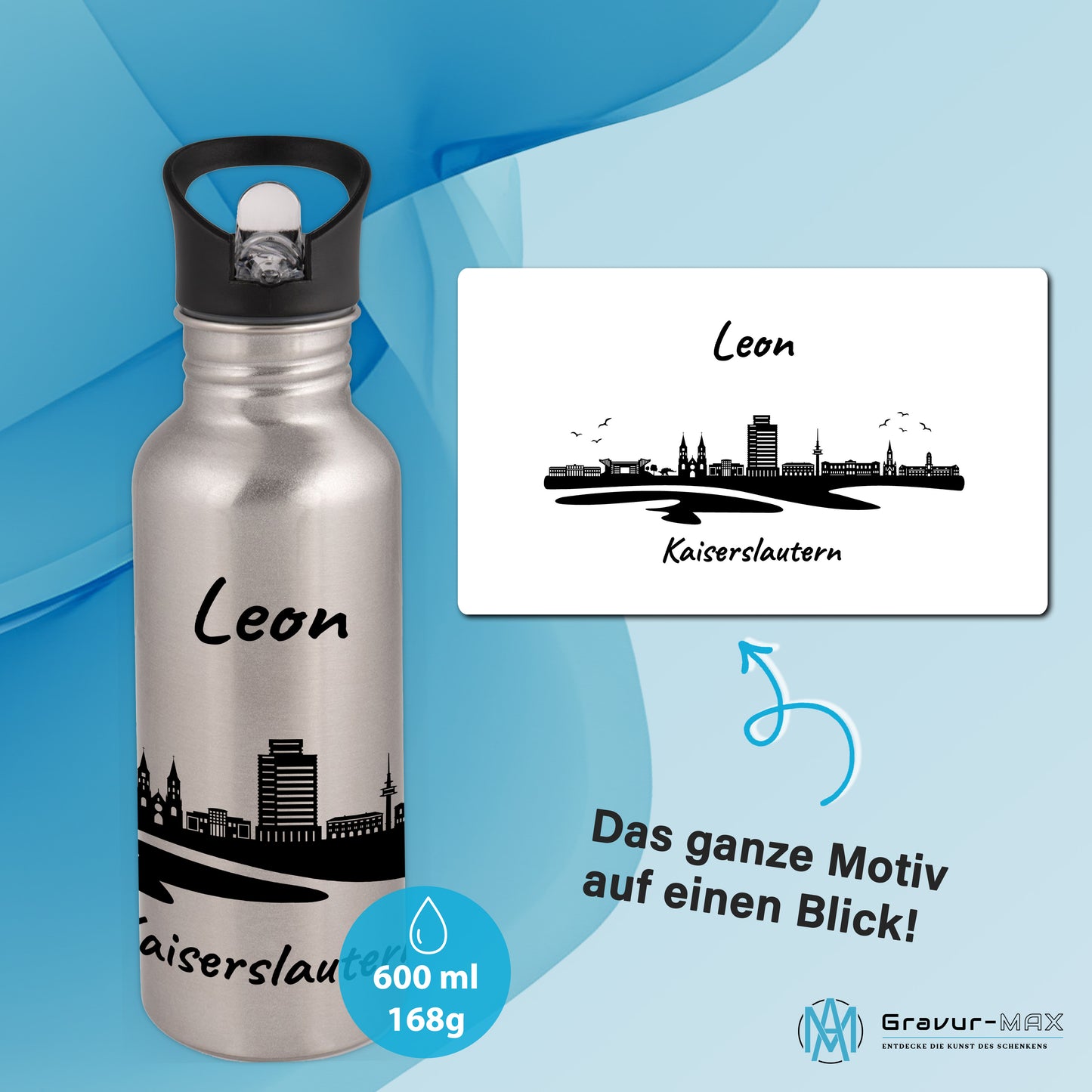 Trinkflasche in Silber 600ml aus Edelstahl bedruckt mit der Skyline von Kaiserslautern personalisierbar mit Wunschname