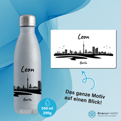 Glitzer Trinkflasche in Silber 500ml aus Edelstahl bedruckt mit der Skyline von Berlin personalisierbar mit Wunschname