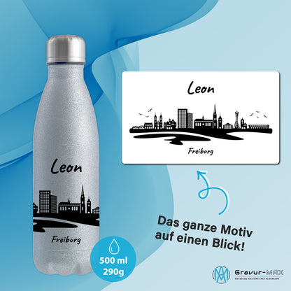 Glitzer Trinkflasche in Silber 500ml aus Edelstahl bedruckt mit der Skyline von Freiburg personalisierbar mit Wunschname