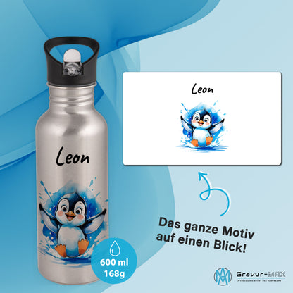 Trinkflasche mit Strohhalm in Silber 600ml bedruckt mit niedlichen Tieren"Pinguin" personalisierbar für Kinder mit Wunschname aus Edelstahl