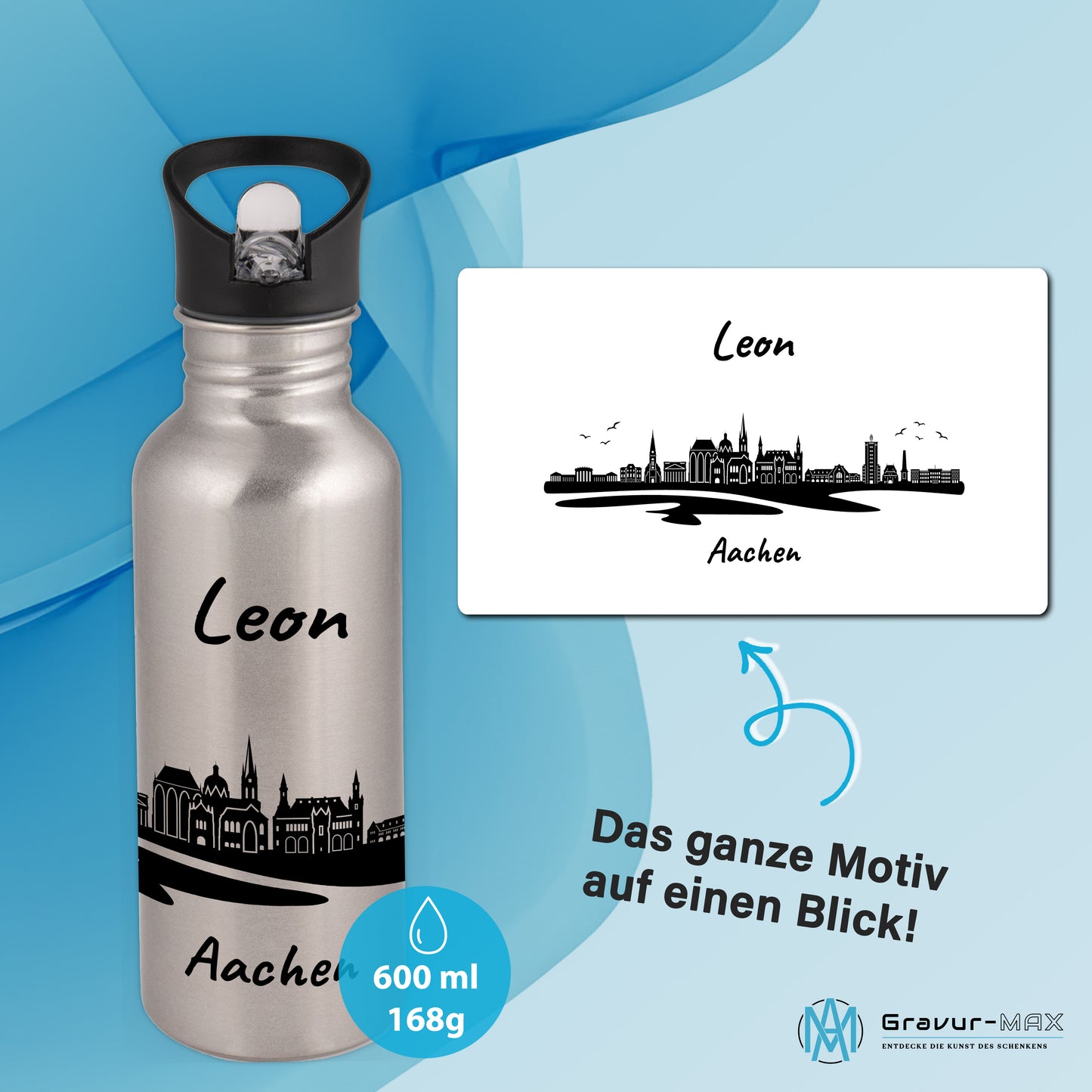 Trinkflasche in Silber 600ml aus Edelstahl bedruckt mit der Skyline von Aachen personalisierbar mit Wunschname