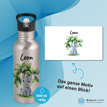 Trinkflasche mit Strohhalm in Silber 600ml bedruckt mit Dschungel Tieren"Nashorn" personalisierbar für Kinder mit Wunschname aus Edelstahl