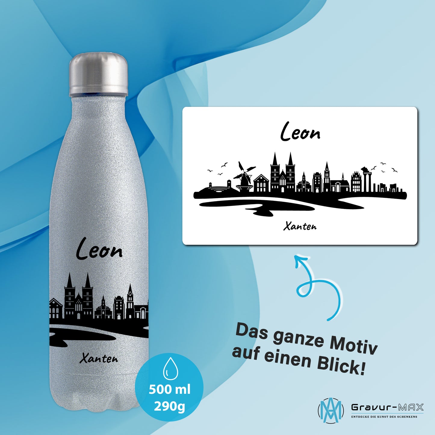 Glitzer Trinkflasche in Silber 500ml aus Edelstahl bedruckt mit der Skyline von Xanten personalisierbar mit Wunschname