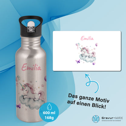 Trinkflasche mit Strohhalm in Silber 600ml bedruckt mit tollen Motiven für Kinder "Einhorn Wolke" personalisierbar für Kinder mit Wunschname aus Edelstahl