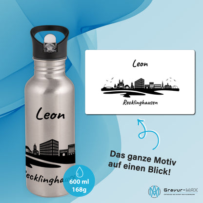 Trinkflasche in Silber 600ml aus Edelstahl bedruckt mit der Skyline von Recklinghausen personalisierbar mit Wunschname