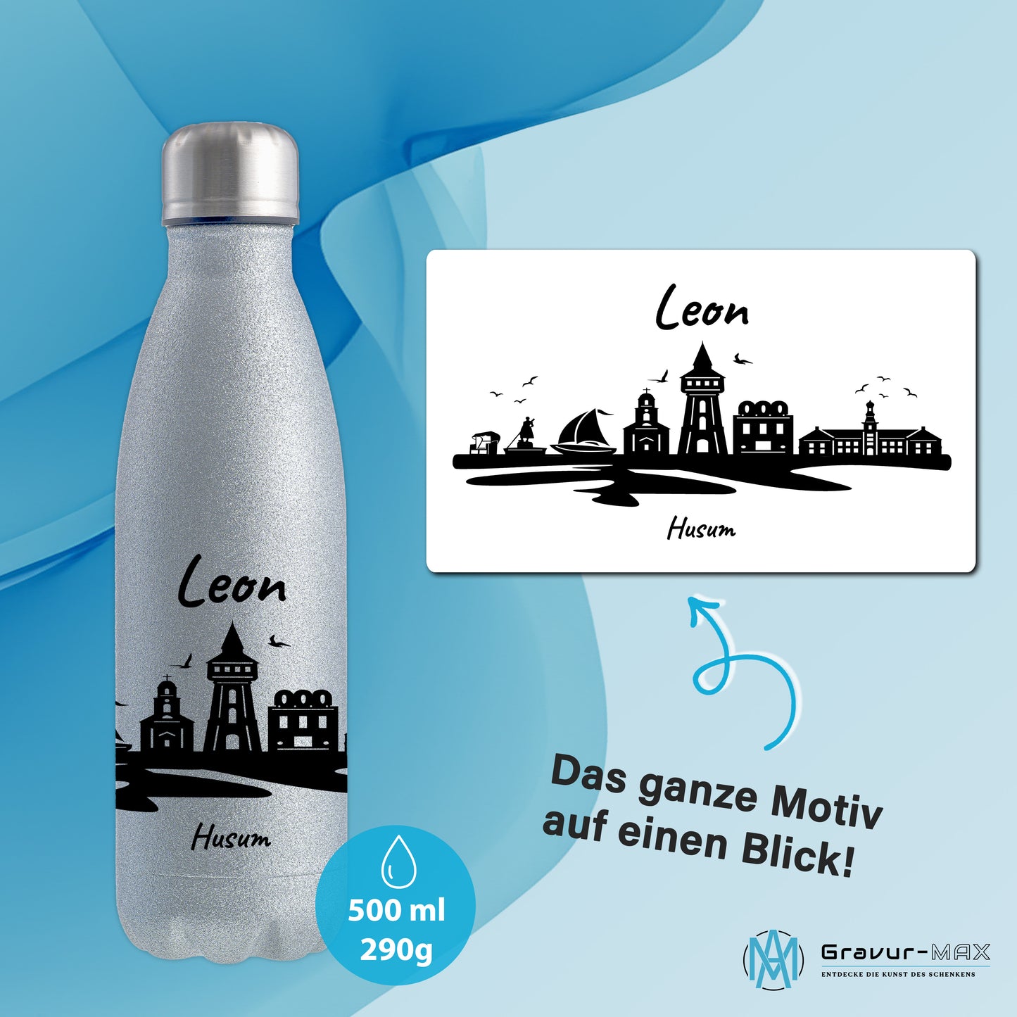 Glitzer Trinkflasche in Silber 500ml aus Edelstahl bedruckt mit der Skyline von Husum personalisierbar mit Wunschname