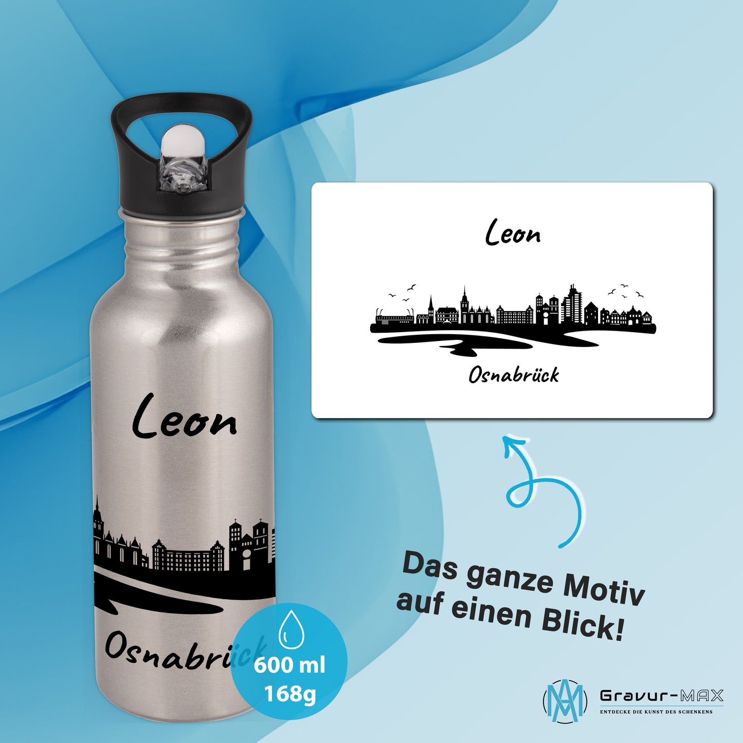Trinkflasche in Silber 600ml aus Edelstahl bedruckt mit der Skyline von Osnabrück personalisierbar mit Wunschname