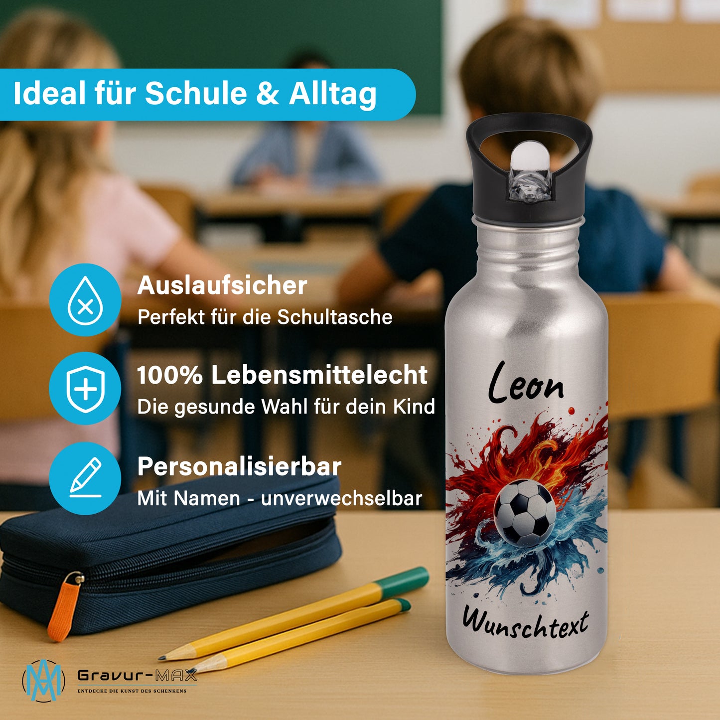 Trinkflasche mit Strohhalm in Silber 600ml bedruckt mit Fußball Motiven"Motiv12" personalisierbar für Kinder mit Wunschname aus Edelstahl