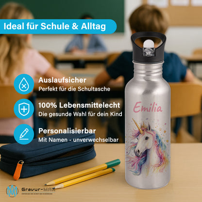 Trinkflasche mit Strohhalm in Silber 600ml bedruckt mit tollen Motiven für Kinder "Einhorn" personalisierbar für Kinder mit Wunschname aus Edelstahl