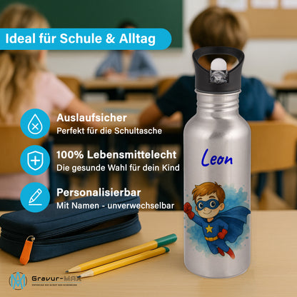 Trinkflasche mit Strohhalm in Silber 600ml bedruckt mit tollen Motiven für Kinder "Superheld" personalisierbar für Kinder mit Wunschname aus Edelstahl