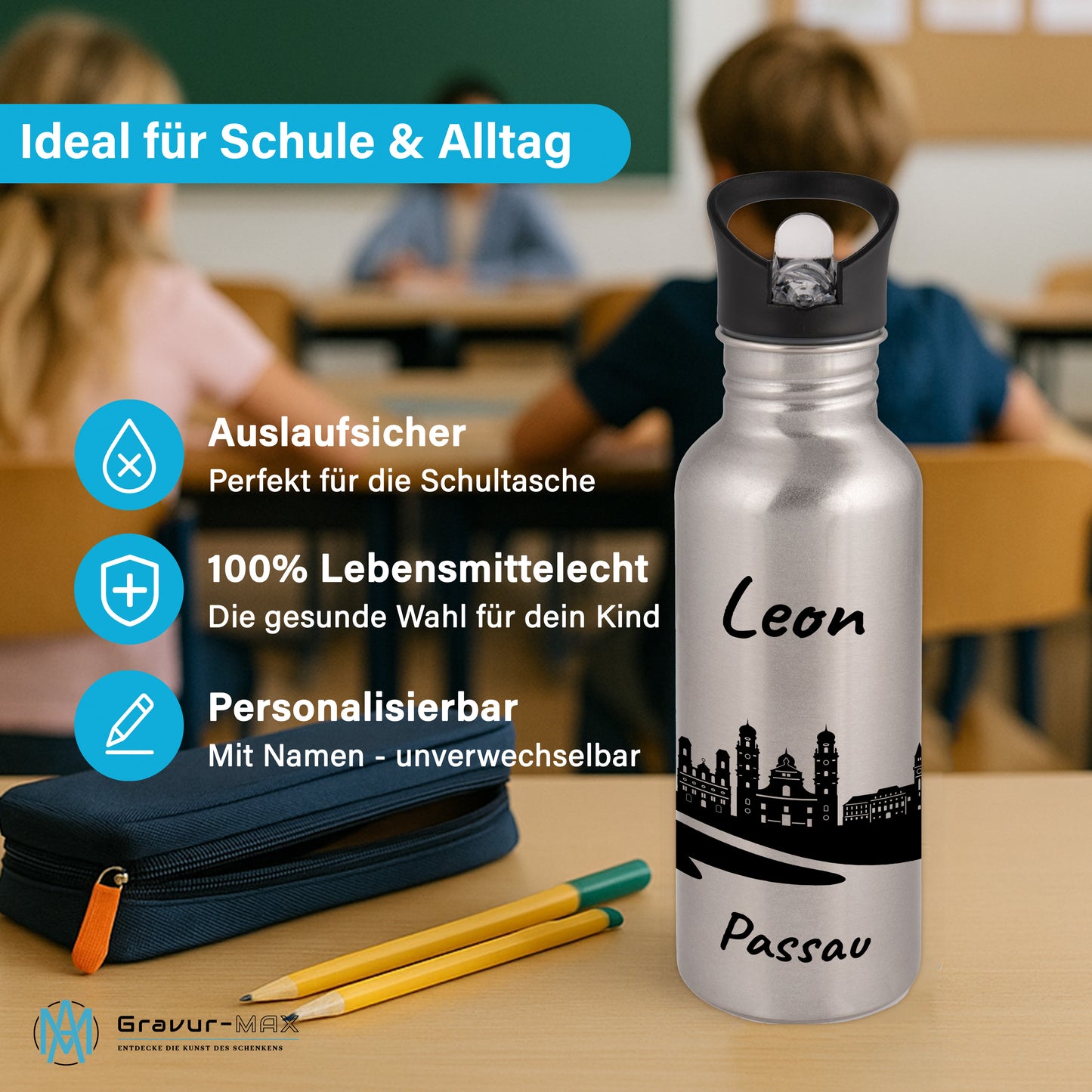 Trinkflasche in Silber 600ml aus Edelstahl bedruckt mit der Skyline von Passau personalisierbar mit Wunschname