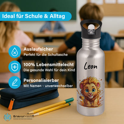 Trinkflasche mit Strohhalm in Silber 600ml bedruckt mit niedlichen Tieren"Löwe" personalisierbar für Kinder mit Wunschname aus Edelstahl