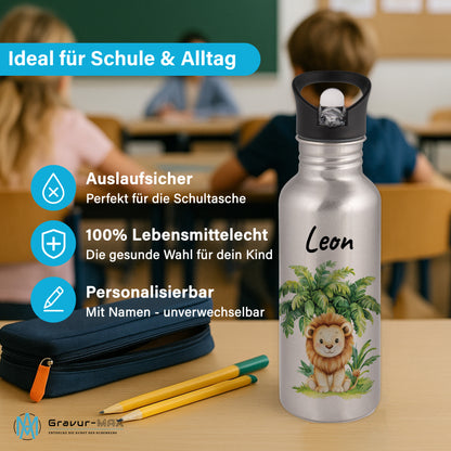 Trinkflasche mit Strohhalm in Silber 600ml bedruckt mit Dschungel Tieren"Löwe" personalisierbar für Kinder mit Wunschname aus Edelstahl