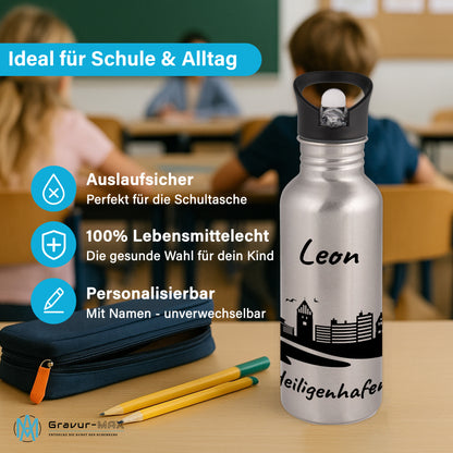 Trinkflasche in Silber 600ml aus Edelstahl bedruckt mit der Skyline von Heiligenhafen personalisierbar mit Wunschname