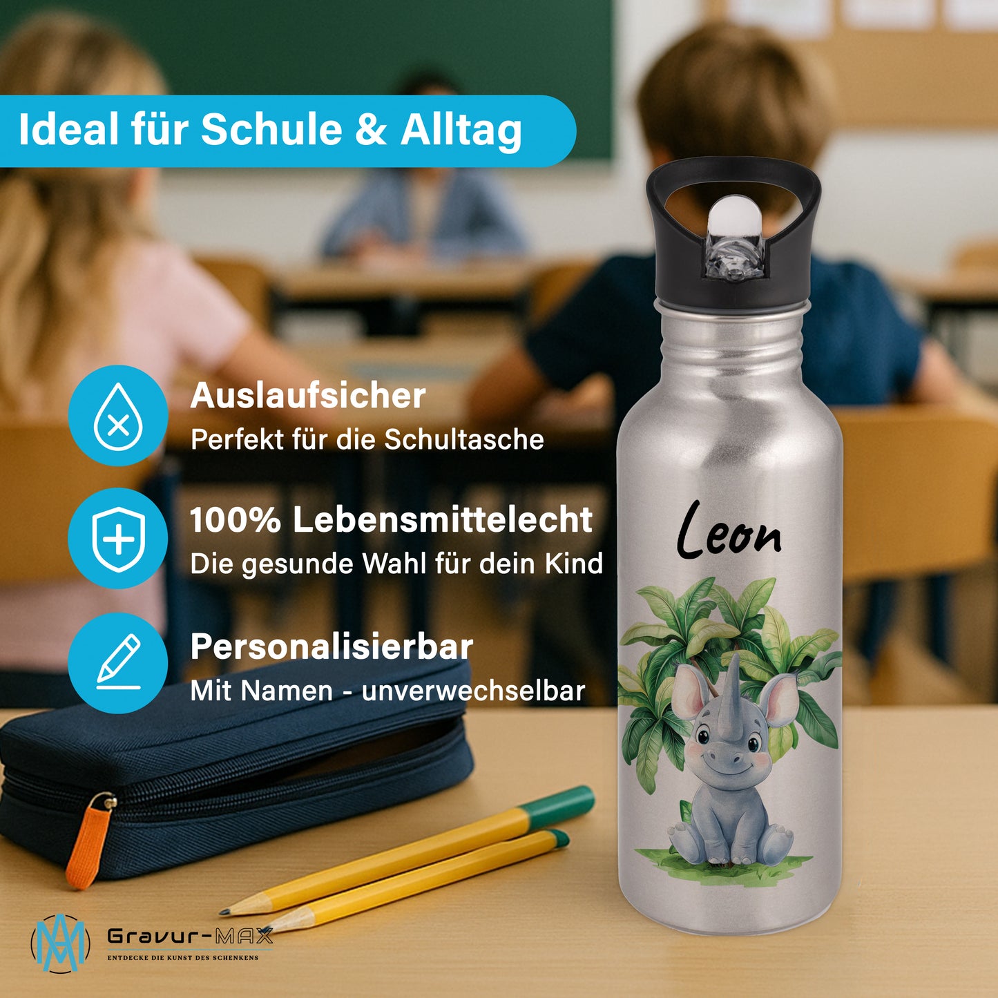 Trinkflasche mit Strohhalm in Silber 600ml bedruckt mit Dschungel Tieren"Nashorn" personalisierbar für Kinder mit Wunschname aus Edelstahl