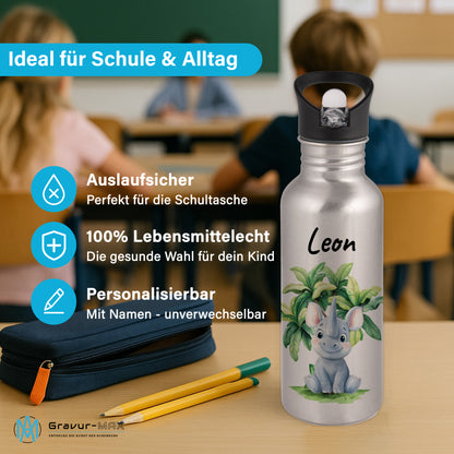 Trinkflasche mit Strohhalm in Silber 600ml bedruckt mit Dschungel Tieren"Nashorn" personalisierbar für Kinder mit Wunschname aus Edelstahl